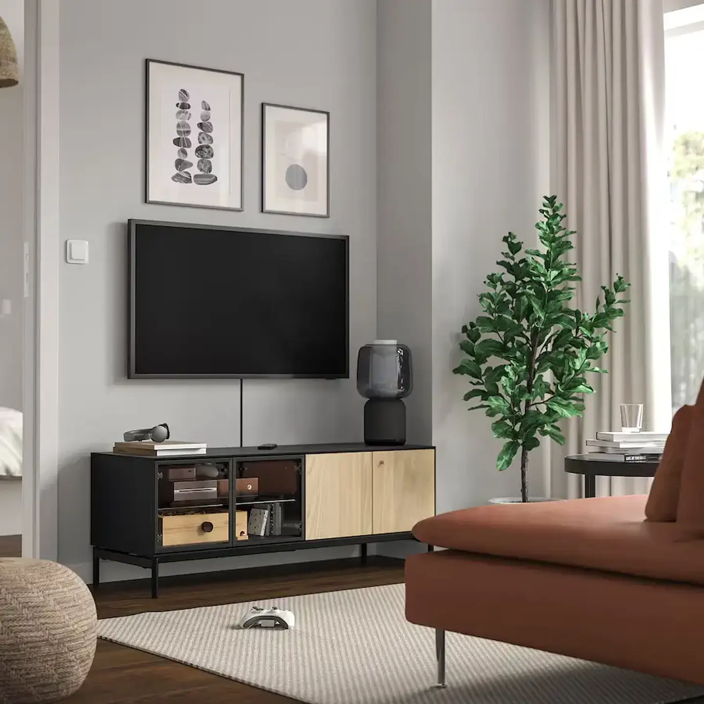 TV Rack, Black/Oak Veneer BOASTAD 2