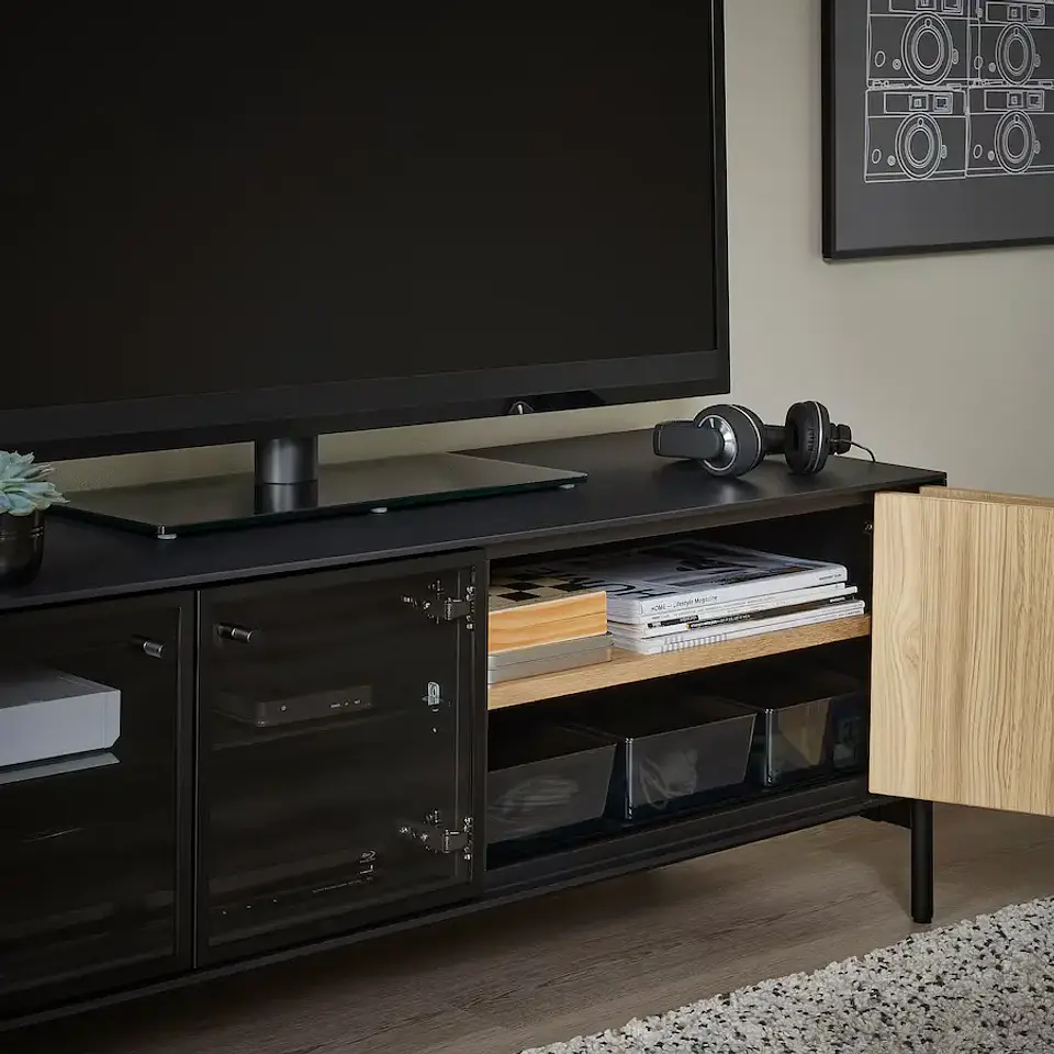 TV Rack, Black/Oak Veneer BOASTAD 3
