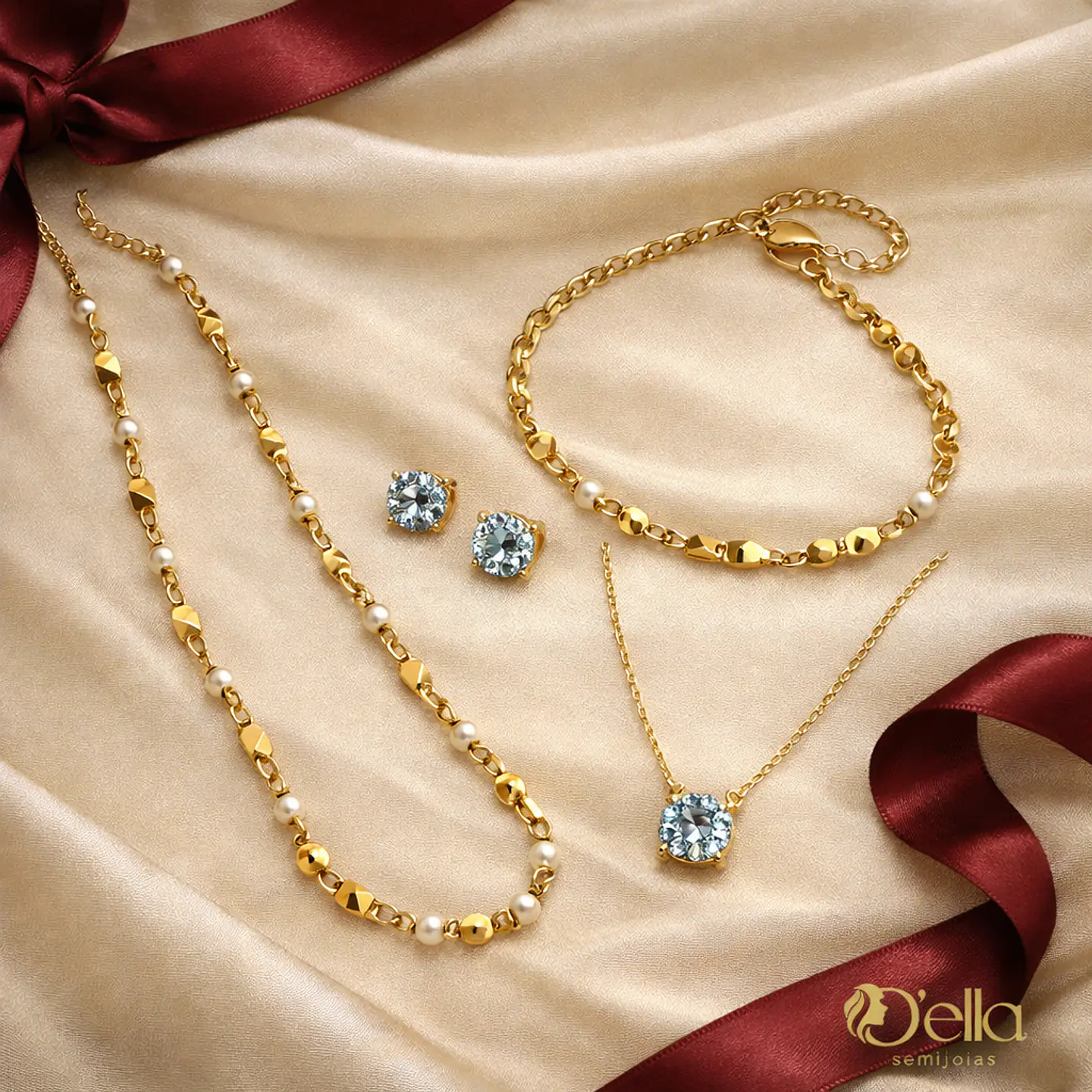 Conjunto de colar e pulseira com bolinhas em pérola e dourado - Banhados a ouro 1