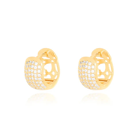 Brinco Argola Pequena com Seis Fileiras de Micro Zircônias Banhado a ouro 18K