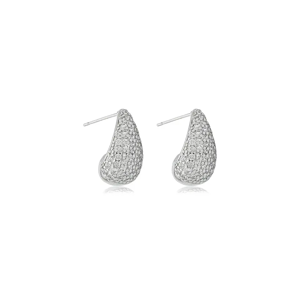 Brinco Gota Pequena Inteira Cravejada Ródio Branco 2