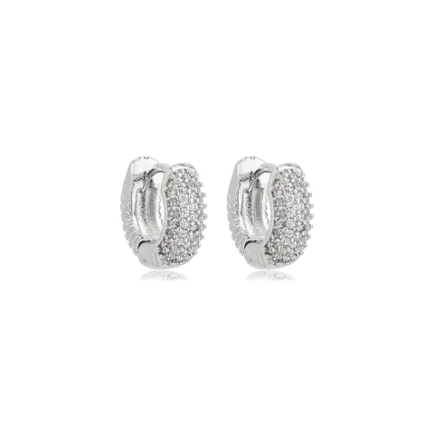 Brinco Argola Pequena Cinco Fileiras Cravejadas com Riscos Atrás Ródio Branco