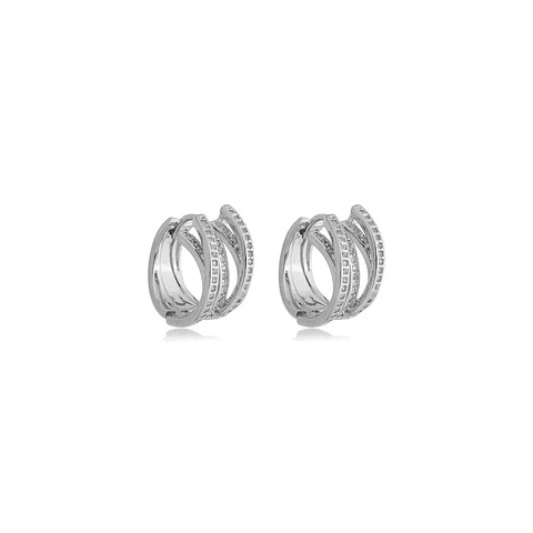 Brinco Argola Cinco Fileiras Cravejadas Ródio Branco