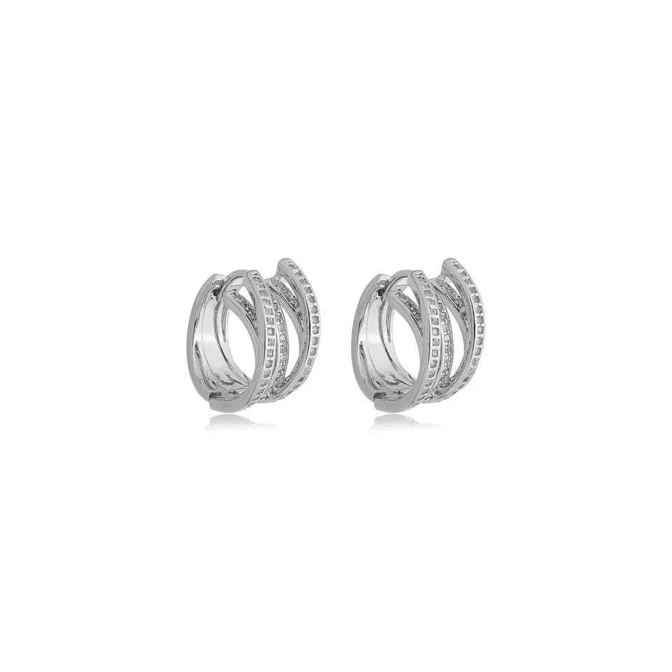 Brinco Argola Cinco Fileiras Cravejadas Ródio Branco 1