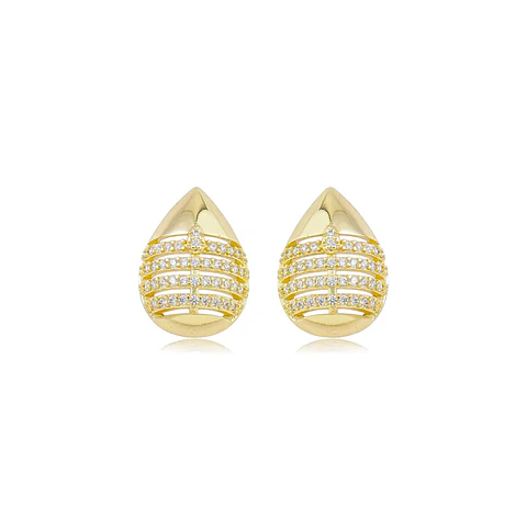 Brinco Gota com Quatro Fileiras Cravejadas Vazadas banhado a ouro 18K