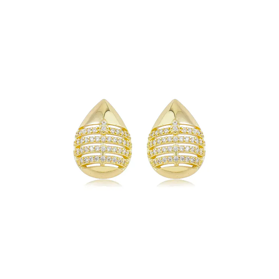 Brinco Gota com Quatro Fileiras Cravejadas Vazadas banhado a ouro 18K 1