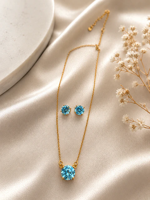 Conjunto ponto de luz azul água-marinha Banhado a ouro
