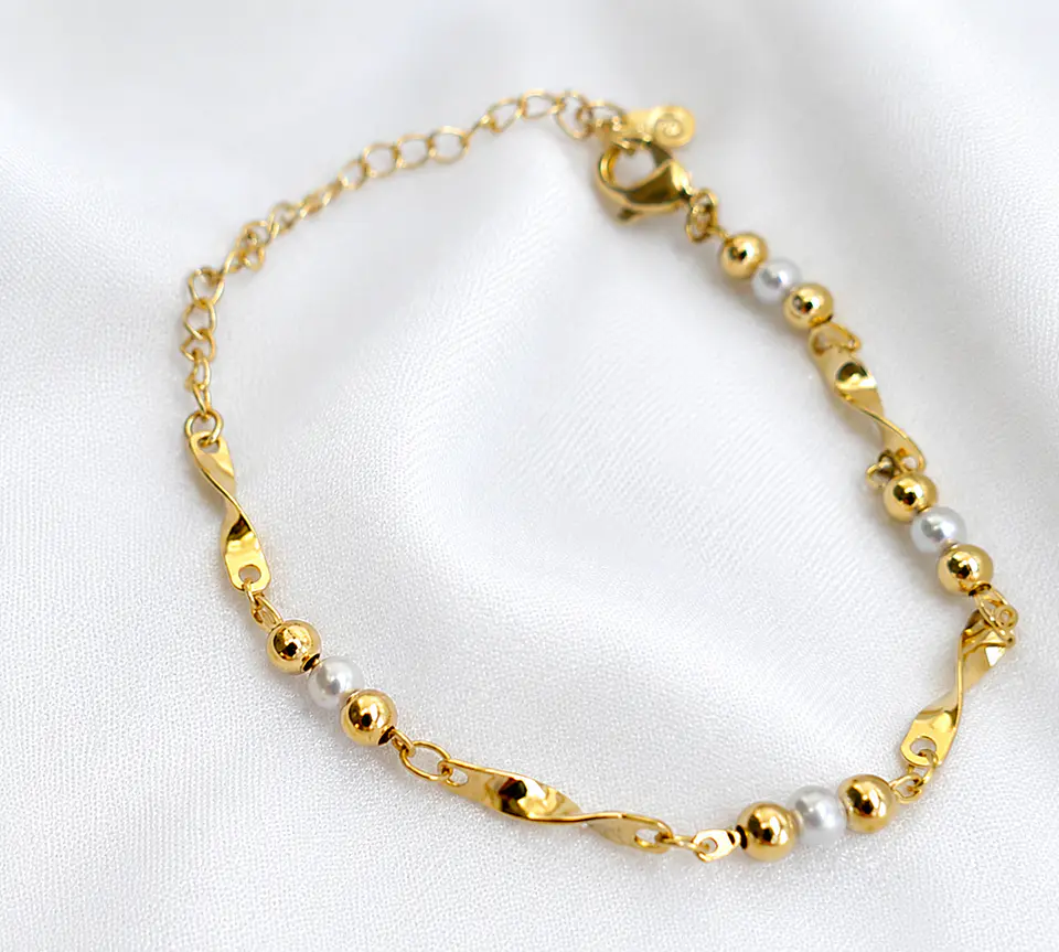Pulseira com pérola e bolinhas dourados 16 cm - Banhada a ouro 1