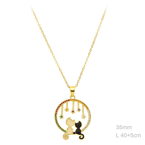 Colar com pingente dois gatos e zircónias coloridas Banhado a ouro