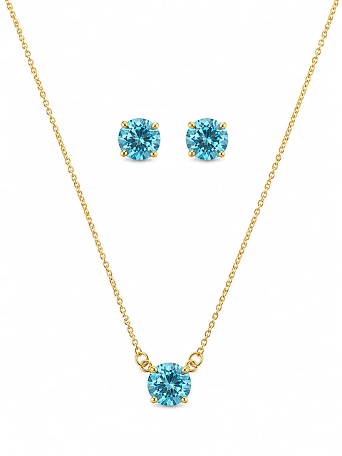 Conjunto ponto de luz azul água-marinha Banhado a ouro