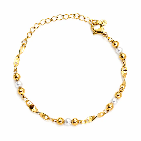 Pulseira com pérola e bolinhas dourados 16 cm - Banhada a ouro