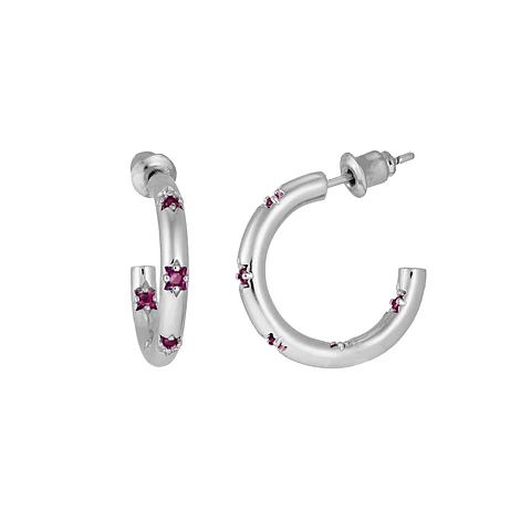 Brincos de argola com pedras rosa Ródio branco