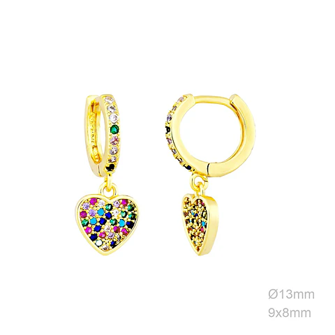 Brinco de argola e coração com zircónias coloridas Banhado a ouro