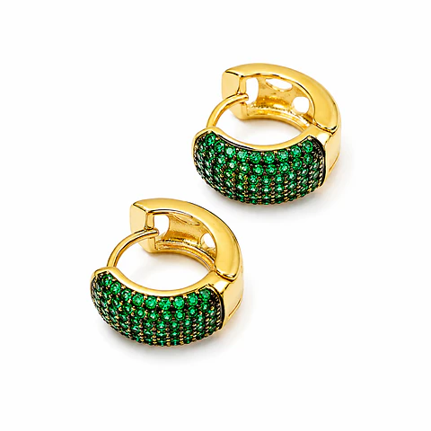 Brincos de argola redonda cravejado com zircónias verdes Banhado a ouro