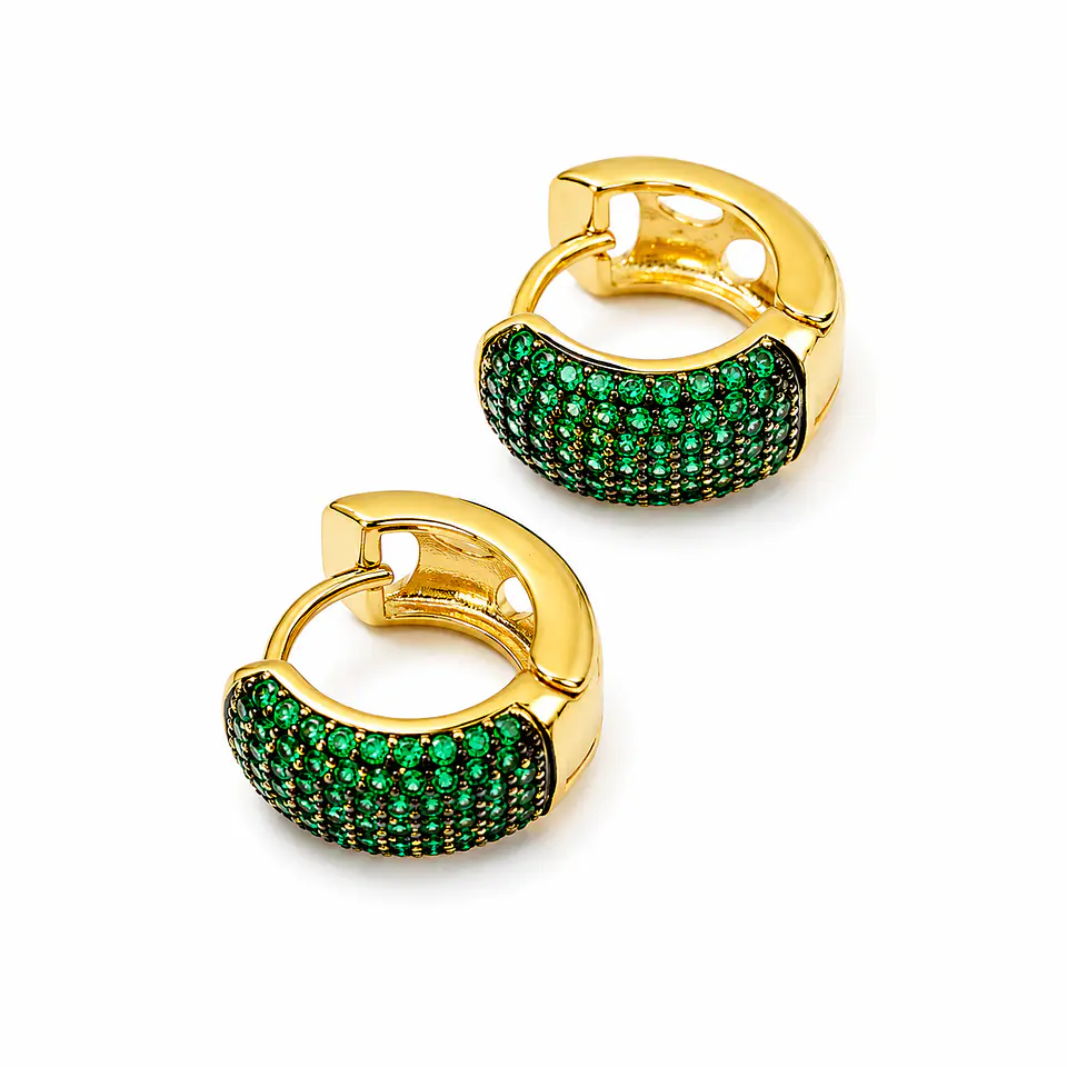 Brincos de argola redonda cravejado com zircónias verdes Banhado a ouro 1