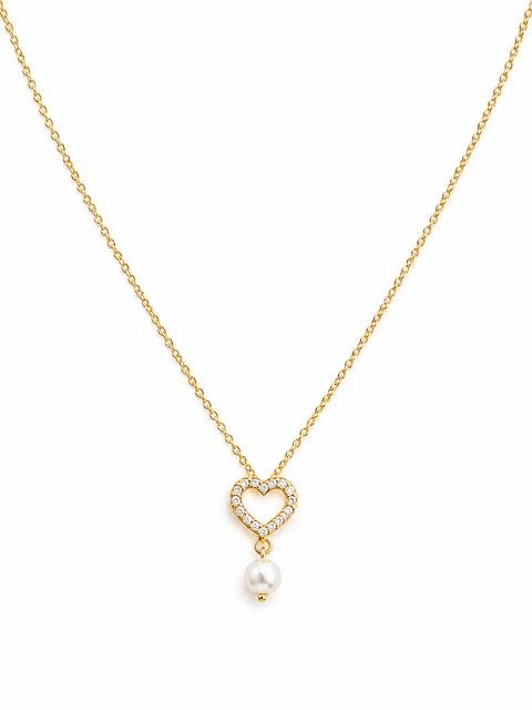 Colar coração uma lateral cravejada e pérola 40cm Banhado a ouro