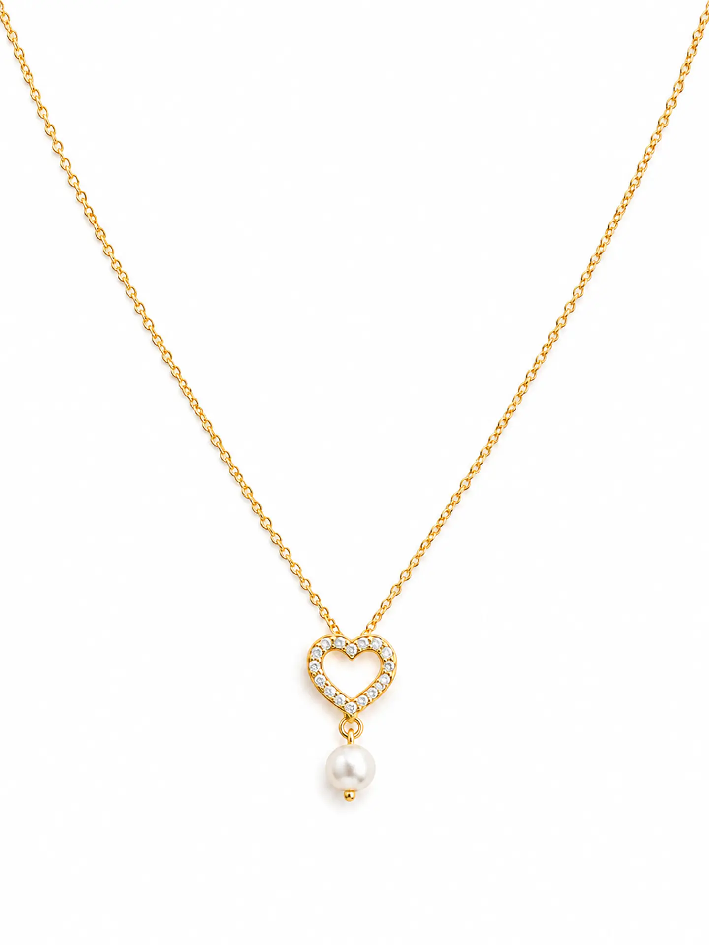 Colar coração uma lateral cravejada e pérola 40cm Banhado a ouro 1