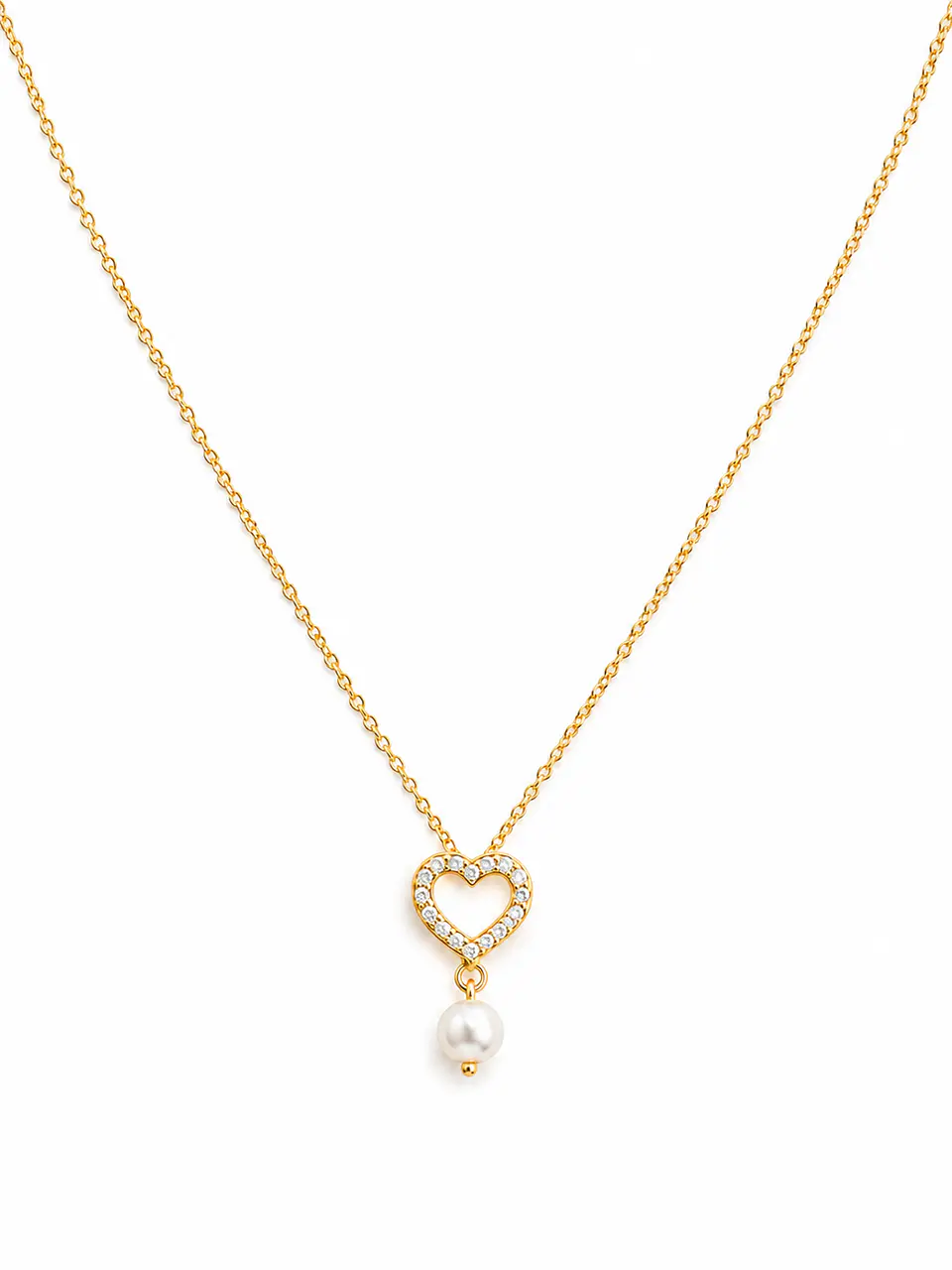 Colar coração uma lateral cravejada e pérola 40cm Banhado a ouro 1