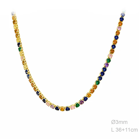 Colar riviera com zircónias coloridas Banhado a ouro