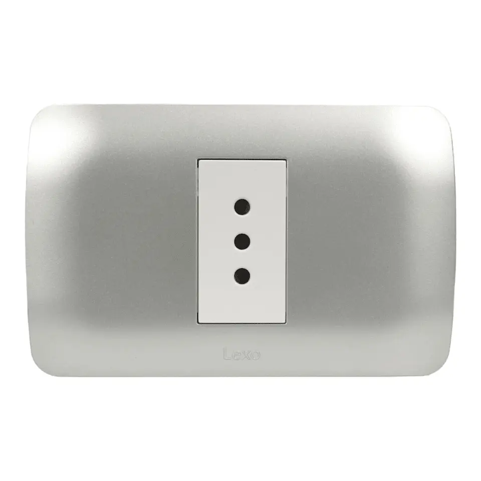 TOMA CORRIENTE SIMPLE 10A 250V BLANCO/PLATA ARMADO LEXO 1
