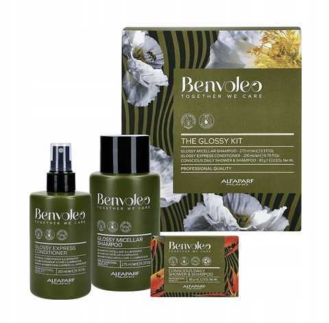 Kit GLOSSY (Brillo) Shampoo + acondicionador + shampoo en barra BENVOLEO ALFAPARF 