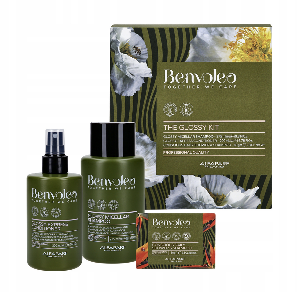 Kit GLOSSY (Brillo) Shampoo + acondicionador + shampoo en barra BENVOLEO ALFAPARF  1