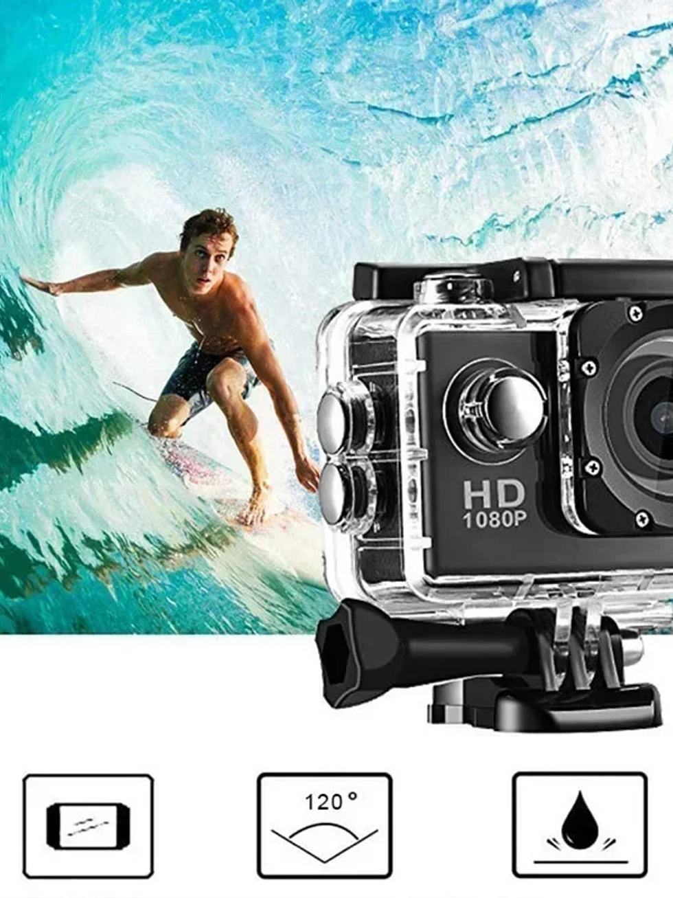  CÁMARA DEPORTIVA ACUÁTICA 1080P FULL HD + CARCASA IMPERMEABLE HASTA 30M + ACCESORIOS DEPORTES GENIEKA 2