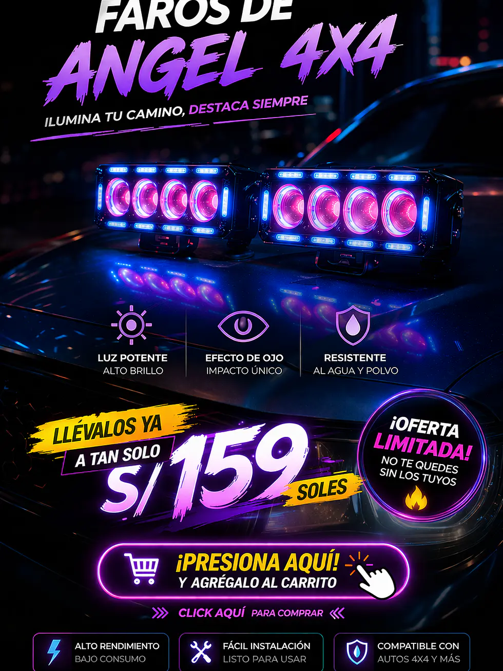 Faro Exploradora Led Ojo De Angel 4x4 Con Ventilador Gama A 4 Cables Negro Blanco Neutro 1