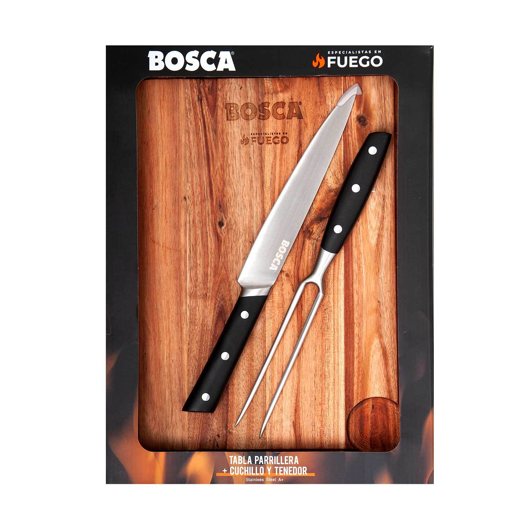 Tabla parrillera + cuchillo y tenedor