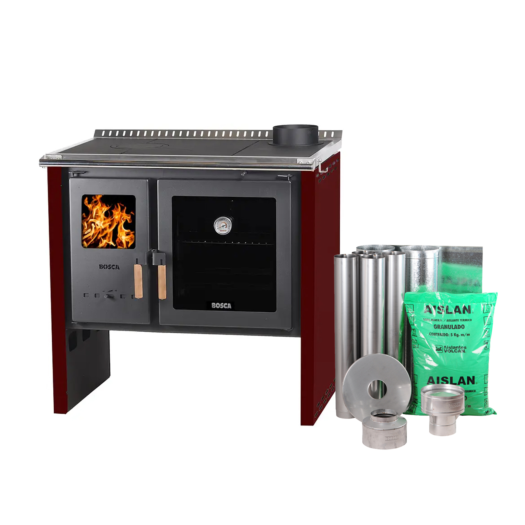 Pack Cocina a Leña Bosca Hestia 90 Burdeo + Kit Base