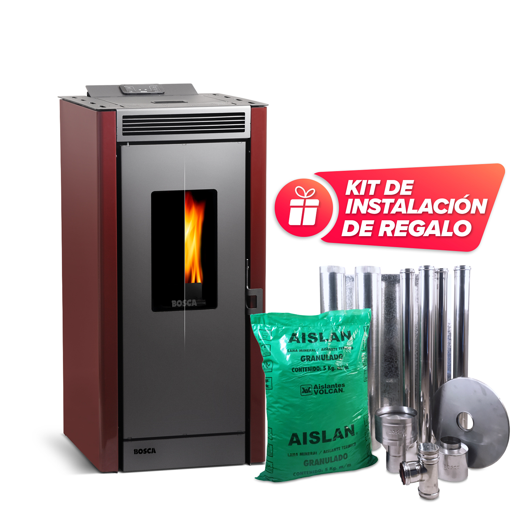 Pack estufa a pellet Black Vision  Burdeo + + kit de Instalación interior de regalo