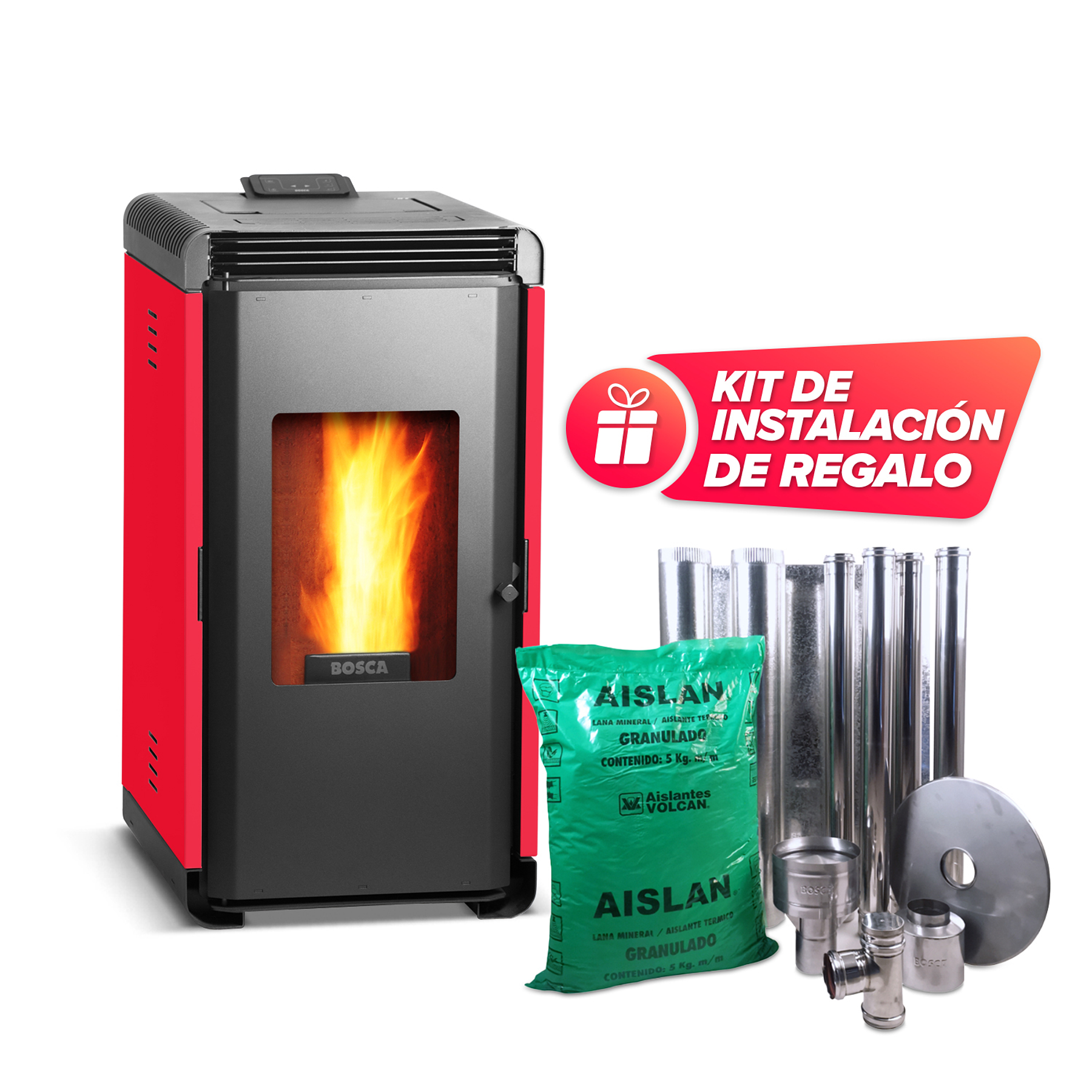 Estufa a pellet Hera+ Rojo + kit de Instalación interior de regalo