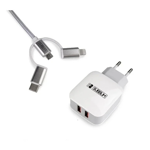 Subblim Cargador de pared dual - 1m - Exterior de nylon resistente y flexible - Conectores de aluminio - Carga rápida y simultánea de dos dispositivos