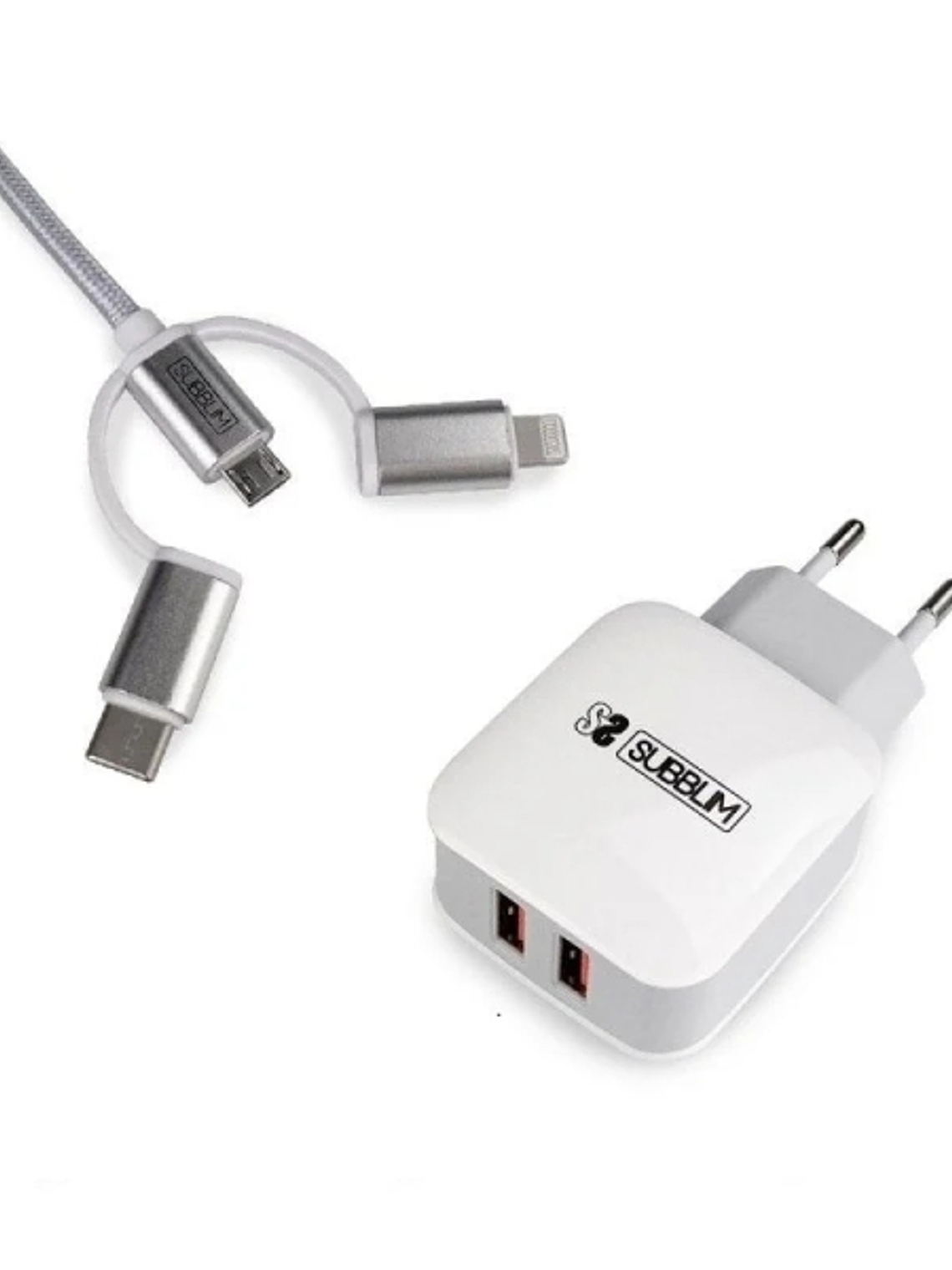 Subblim Cargador de pared dual - 1m - Exterior de nylon resistente y flexible - Conectores de aluminio - Carga rápida y simultánea de dos dispositivos 1