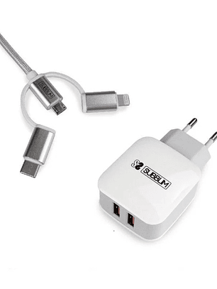 Subblim Cargador de pared dual - 1m - Exterior de nylon resistente y flexible - Conectores de aluminio - Carga rápida y simultánea de dos dispositivos