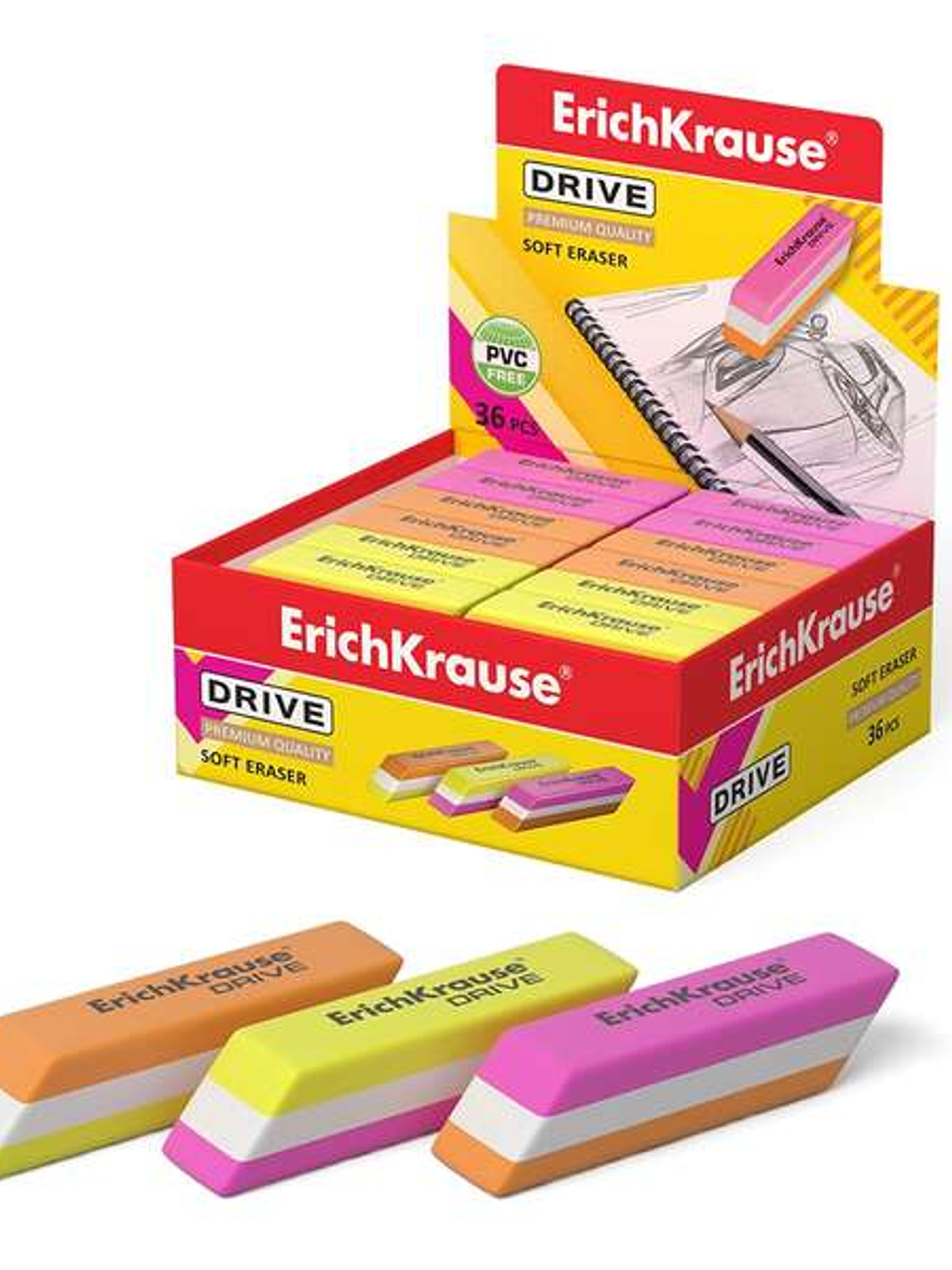 Erichkrause Drive Goma de Borrar Suave de Forma Clasica - Fabricado de Caucho Termoplastico Hipoalergenico - Diseño en Color de Tres Capas - Libre de 1