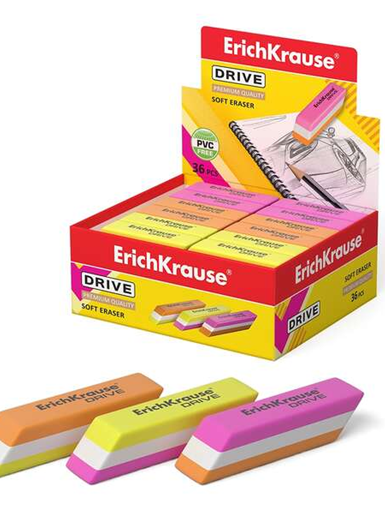 Erichkrause Drive Goma de Borrar Suave de Forma Clasica - Fabricado de Caucho Termoplastico Hipoalergenico - Diseño en Color de Tres Capas - Libre de 1