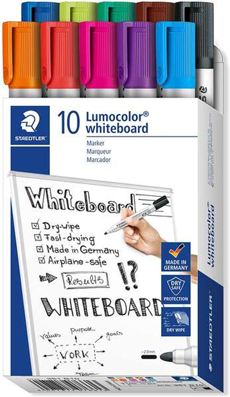 Staedtler Lumocolor 351 Pack de 10 Marcadores para Pizarra Blanca - Punta 2mm Aprox - Secado Rapido - Colores Surtidos 1