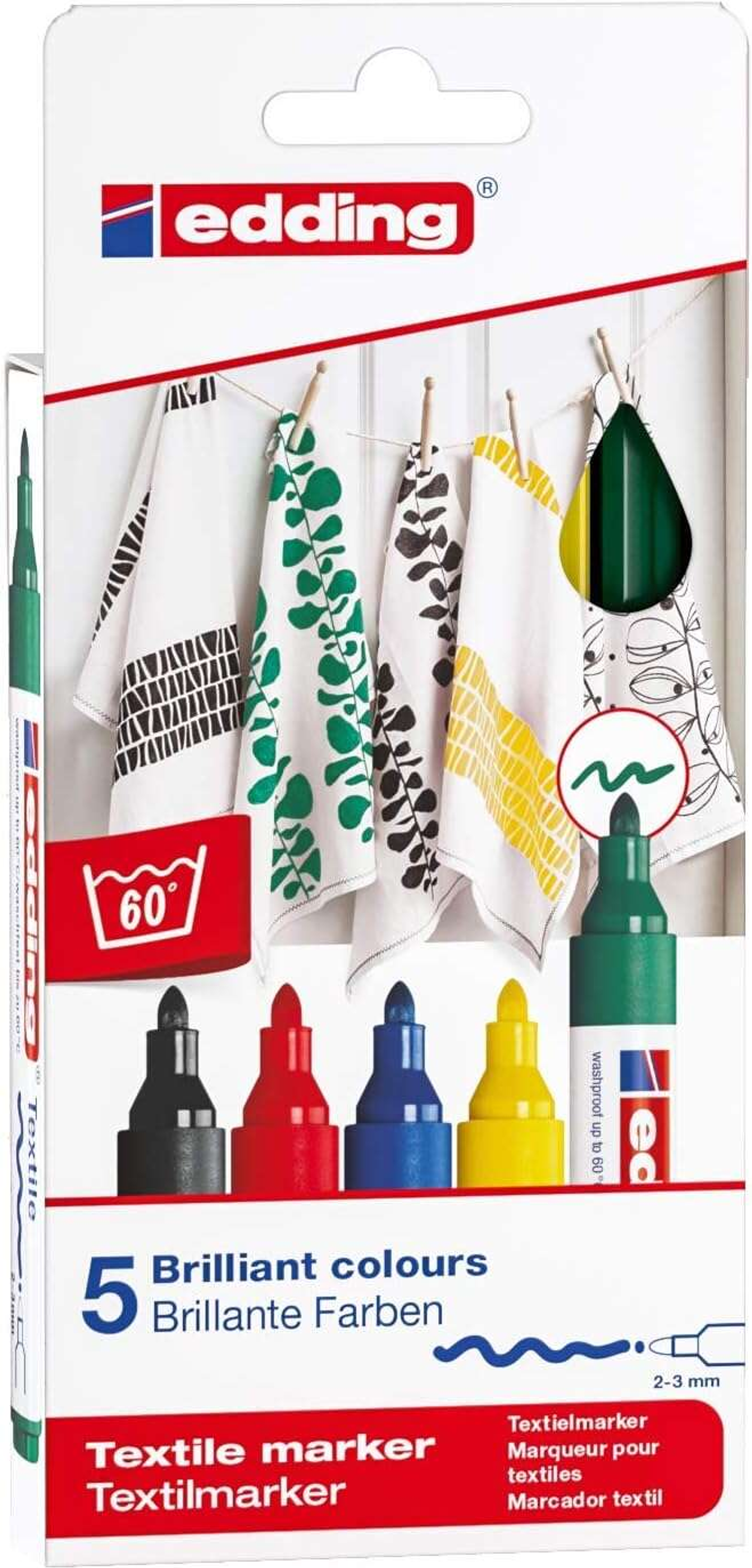 Edding 4500 Basicos Pack de 5 Rotuladores Permanentes para Textil - Punta Redonda - Trazo 2-3mm - Olor Neutro - Secado Rapido - Colores Negro, Verde,  1