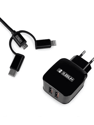 Subblim Cargador de pared dual - Longitud 1m - Exterior de nylon resistente y flexible - Carga rápida hasta 2400Amp/12W - 2 Puertos USB para carga sim