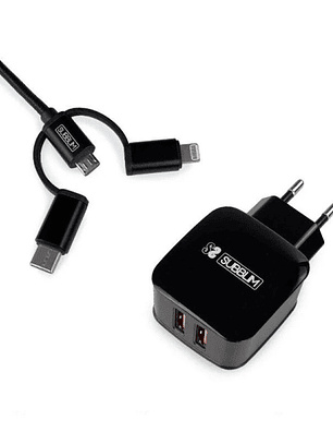 Subblim Cargador de pared dual - Longitud 1m - Exterior de nylon resistente y flexible - Carga rápida hasta 2400Amp/12W - 2 Puertos USB para carga sim