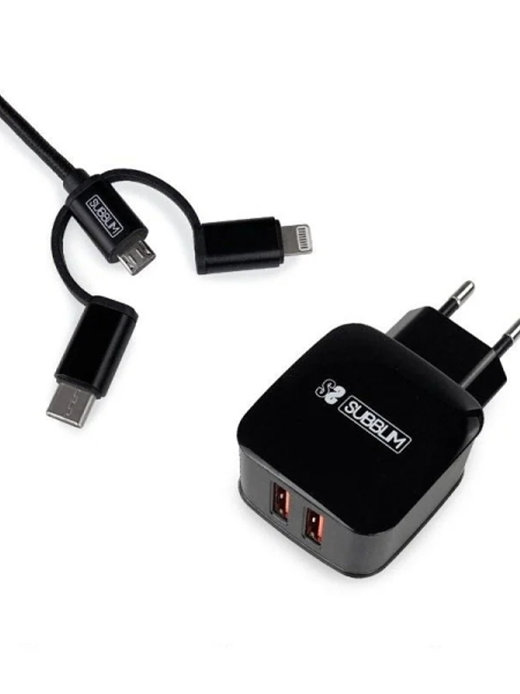 Subblim Cargador de pared dual - Longitud 1m - Exterior de nylon resistente y flexible - Carga rápida hasta 2400Amp/12W - 2 Puertos USB para carga sim 1