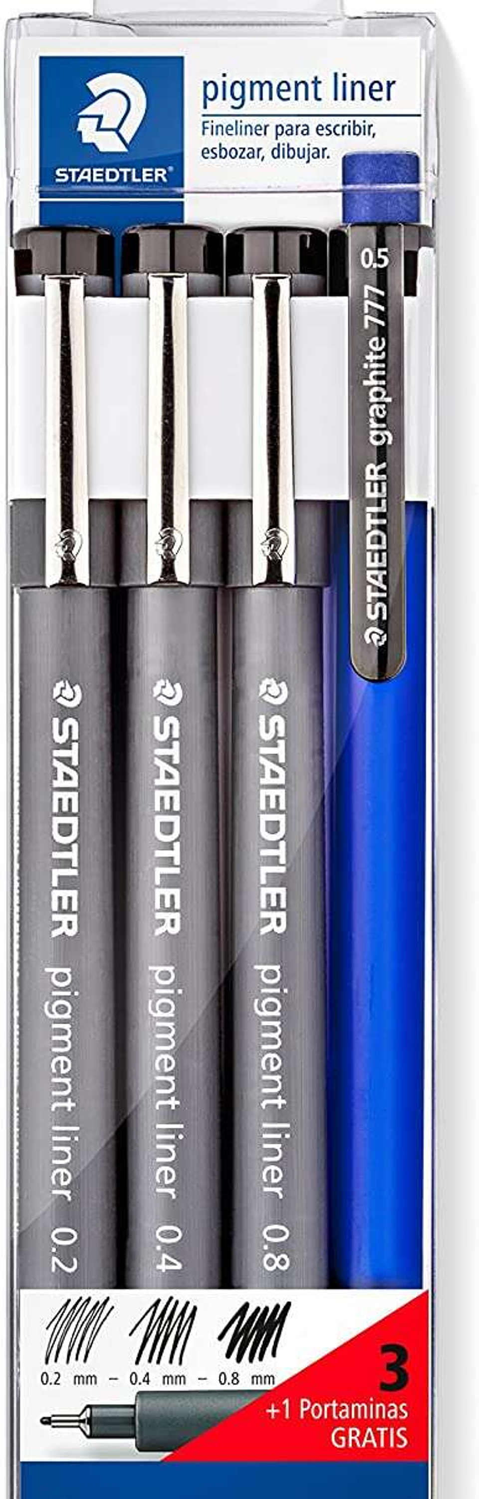 Staedtler Pigment Liner 308 Pack de 3 Rotuladores Calibrados 0,2 0,4 y 0,8mm + 1 Portaminas 0.5mm - Secado Rapido - Color Negro 1