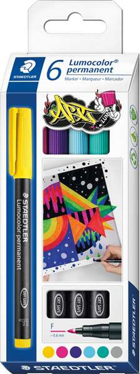 Staedtler Lumocolor 318 C6 Pack de 6 Rotuladores Permanentes - Trazo de 0.6mm Aprox - Secado Rapido - Colores Surtidos