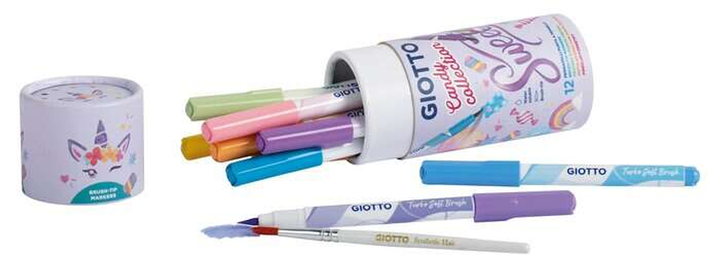 Giotto Candy Collection Turbo Soft Brush Bote de 12 Rotuladores Punta Pincel + Pincel - Colores Pastel Surtidos 1