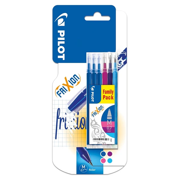 Pilot Pack de 6 Recambios para Frixion Ball y Frixion Clicker - Punta de Bola Redonda 0.7mm - Trazo 0.4mm - Colores: 3x Azul, 1x Azul Claro, 1x Violet