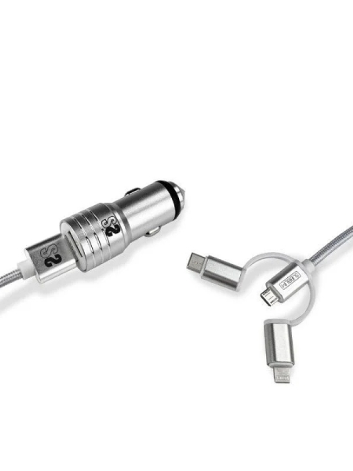 Subblim Cargador de coche doble USB - Longitud 1m - Carga rápida hasta 2.400Amp/12W - Exterior de fibra de nailon resistente - Color Plata 1
