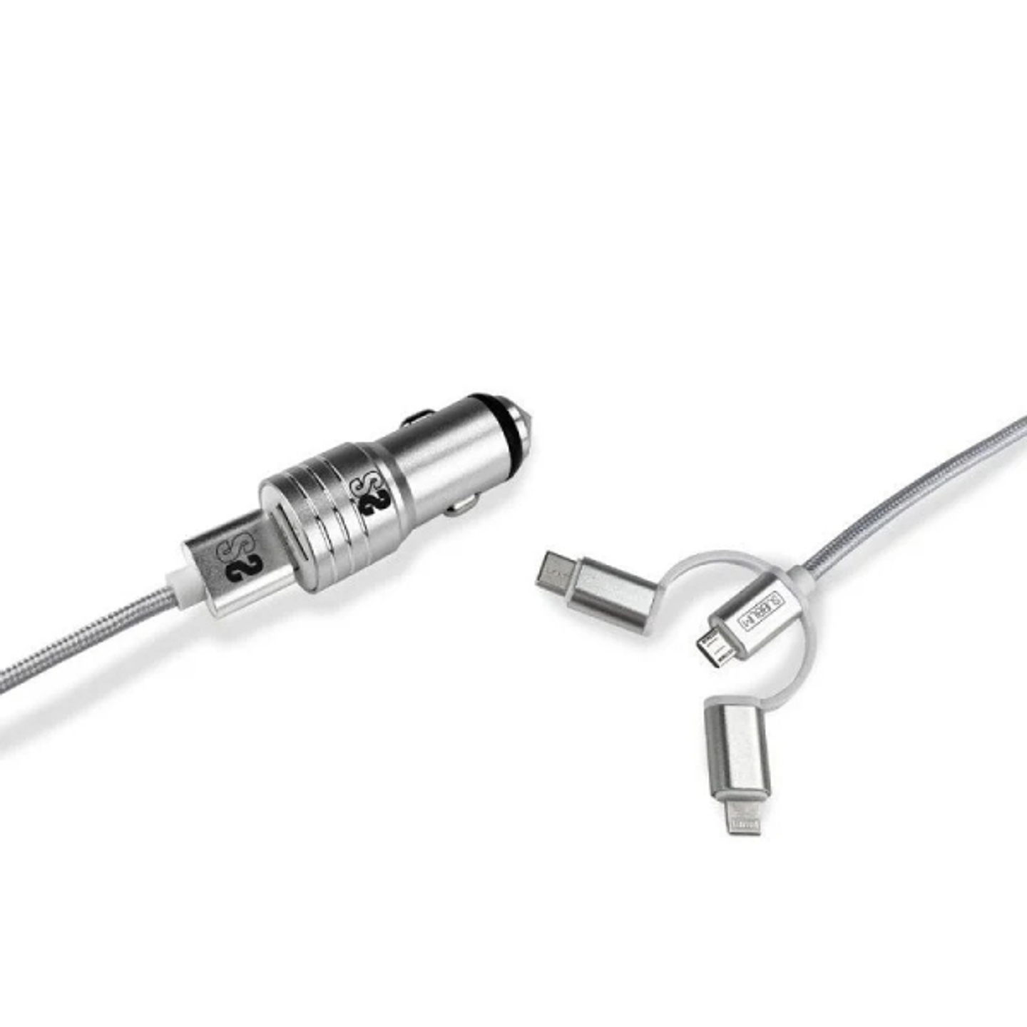 Subblim Cargador de coche doble USB - Longitud 1m - Carga rápida hasta 2.400Amp/12W - Exterior de fibra de nailon resistente - Color Plata 1