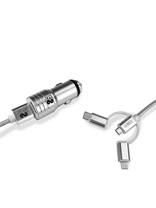 Subblim Cargador de coche doble USB - Longitud 1m - Carga rápida hasta 2.400Amp/12W - Exterior de fibra de nailon resistente - Color Plata