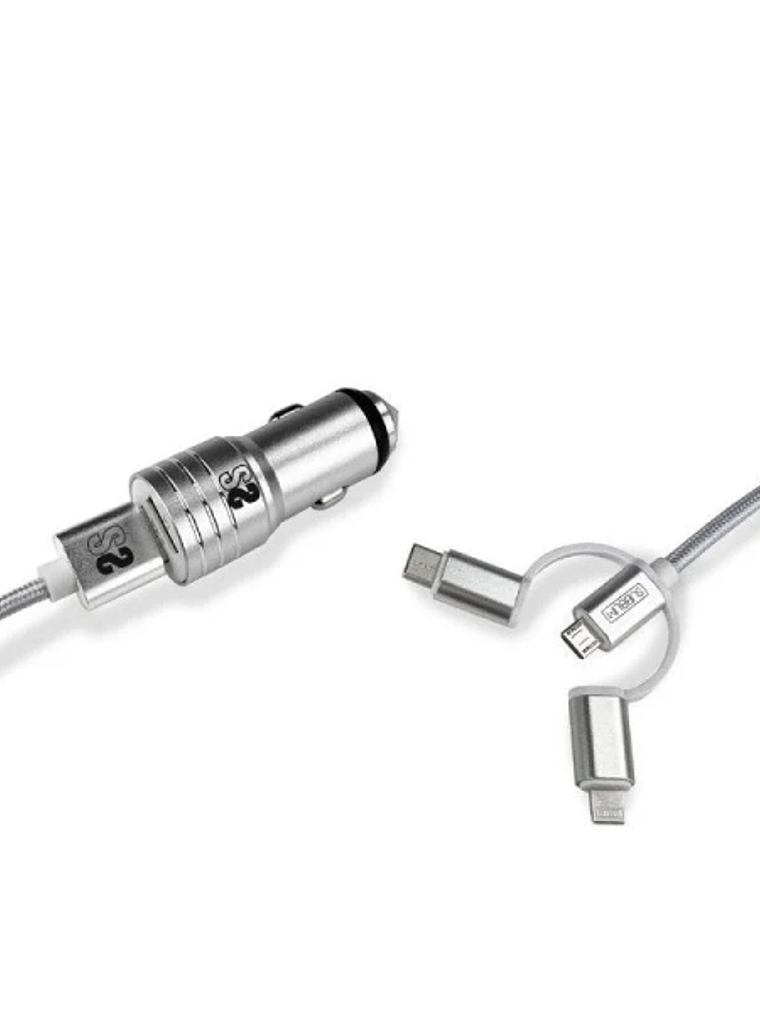 Subblim Cargador de coche doble USB - Longitud 1m - Carga rápida hasta 2.400Amp/12W - Exterior de fibra de nailon resistente - Color Plata 1